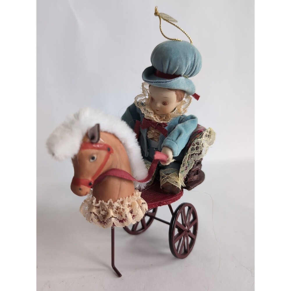 Vtg KURT ADLER Victorian Boy Wicker Horse Cart Porcelain Doll Christmas Ornament